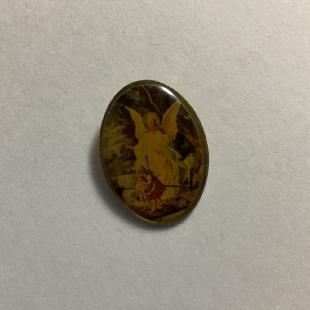 Guardian Angel w Children Lapel Pin Religious Christian Made In USA Gold Tone